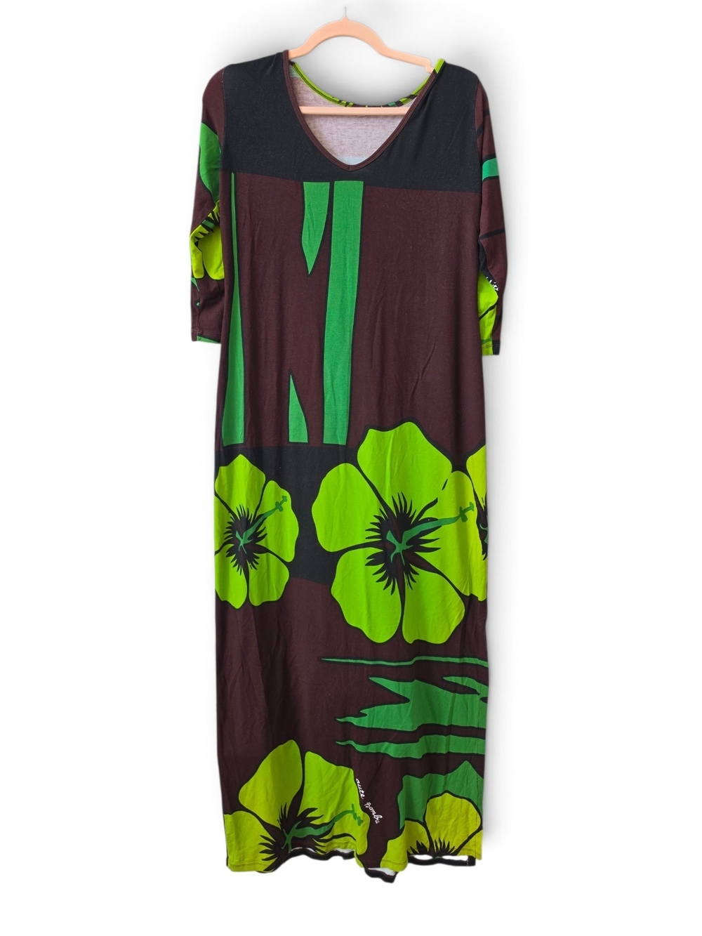 Brown Maxi Dress  Tropicsl with Lime Green Floral Print - Women's Maxi Dress